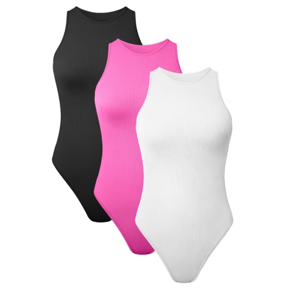 OQQ 3pc black, white, and hot pink bodysuit set - size L